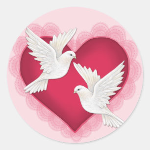 Sticker Rond Coeur et colombes - rose