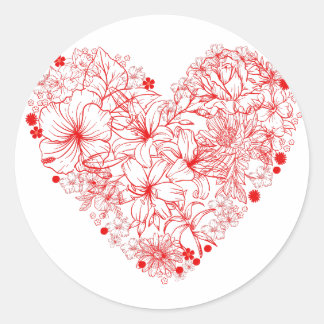 Sticker Rond Coeur floral, coeur de fleurs rouges