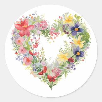Sticker Rond Coeur floral - Fleurs de printemps en aquarelles
