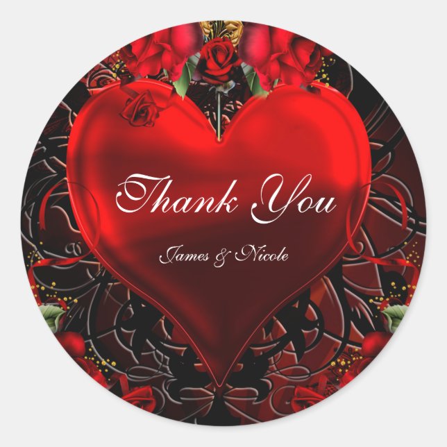 Sticker Rond Cœur Floral Ornemental Romance Gothique Noir et Ro (Devant)