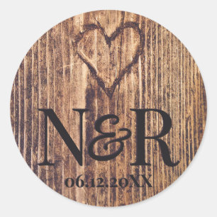 Sticker Rond Coeur gravé Rustique Bois mou Mariage de ferme