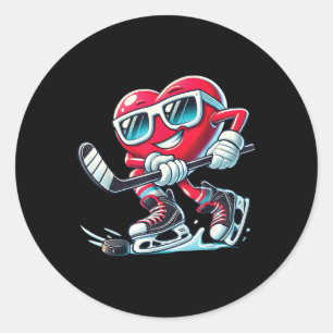 Sticker Rond Coeur mignon Jouer de hockey sur glace Valentines 