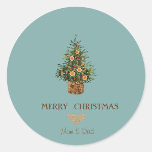 Sticker Rond Coeur or élégant, Arbre de Noël Orange