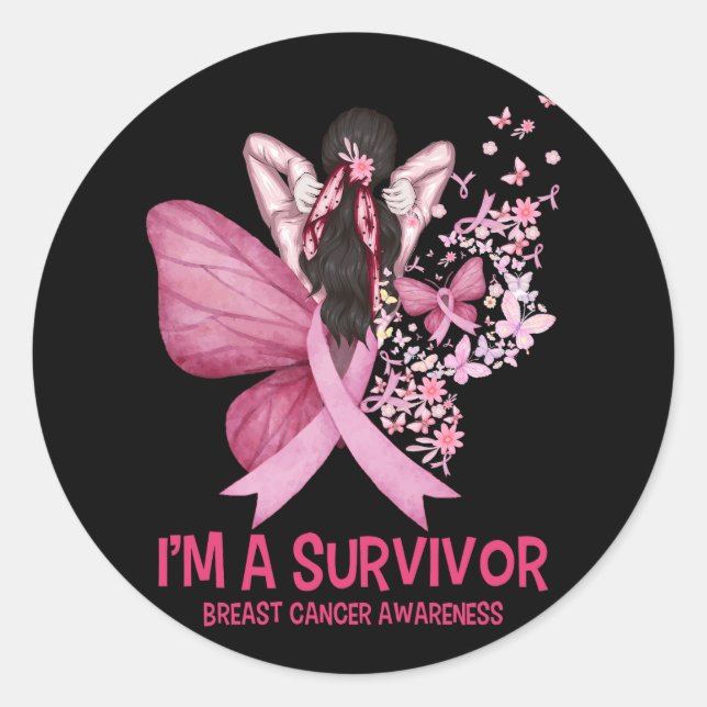Sticker Rond Coeur papillon rose Je suis un survivant Cancer du (Devant)