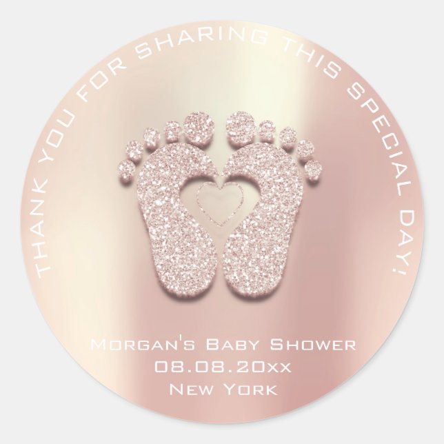 Sticker Rond Coeur pieds Baby shower Favoriser Cadeau Merci Ros (Devant)