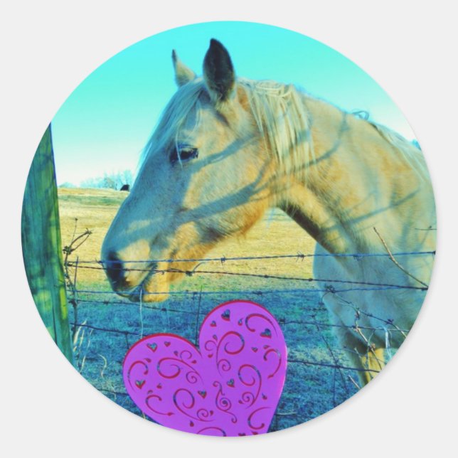 Sticker Rond Coeur rose et Cheval jaune (Devant)