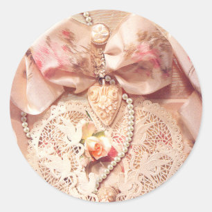 Sticker Rond COEUR, ROSES et PERLES de DENTELLE par SHARON