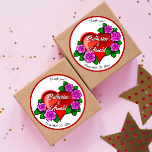 Sticker Rond Coeur rouge rose roses Merci Mariage Faveur