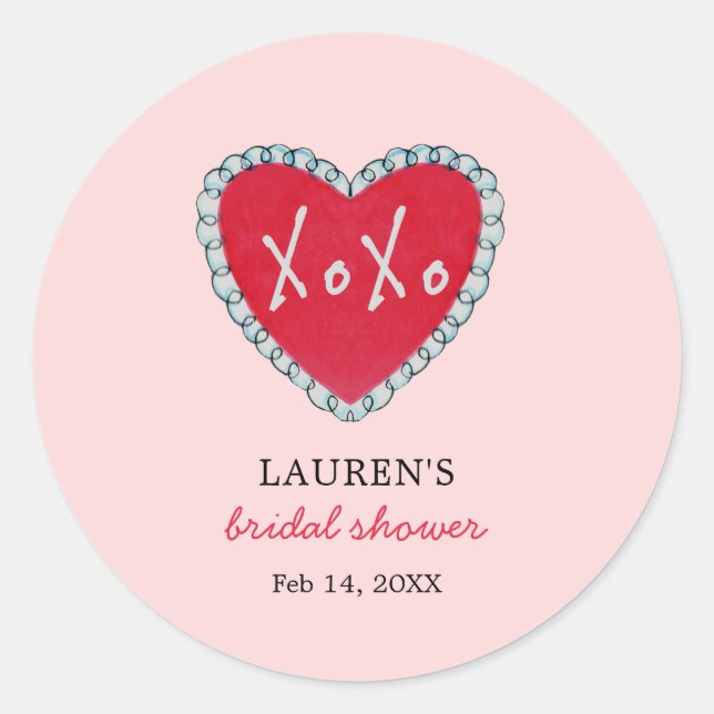 Sticker Rond Cœur rouge XOXO sur rose pour Baby Shower de maria (Devant)