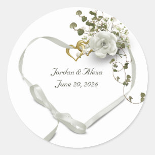 Sticker Rond Coeur ruban mariage avec rose et lierre