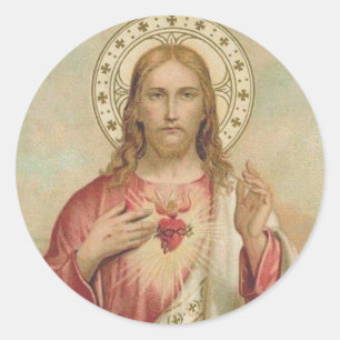 Sticker Rond Coeur vintage des épines de Jésus bénissant des