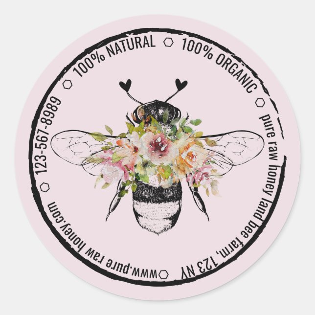 Sticker Rond Coeurs bio naturels Floral Apiary Miel Bee (Devant)