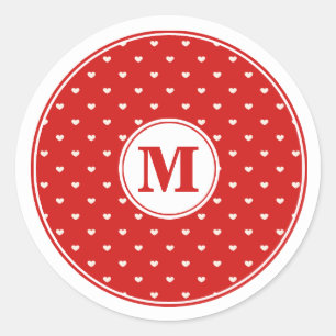 Sticker Rond Coeurs blancs minuscules sur le Monogramme rouge