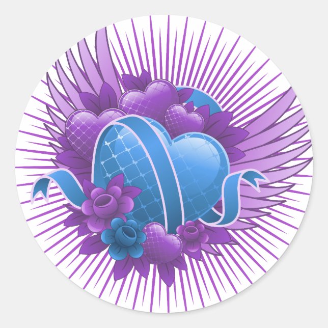 Sticker Rond Coeurs bleus Roses et ailes (Devant)