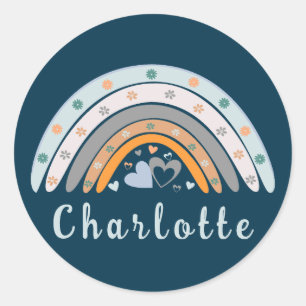 Sticker Rond Coeurs Boho Arc-en-ciel avec nom personnalisé