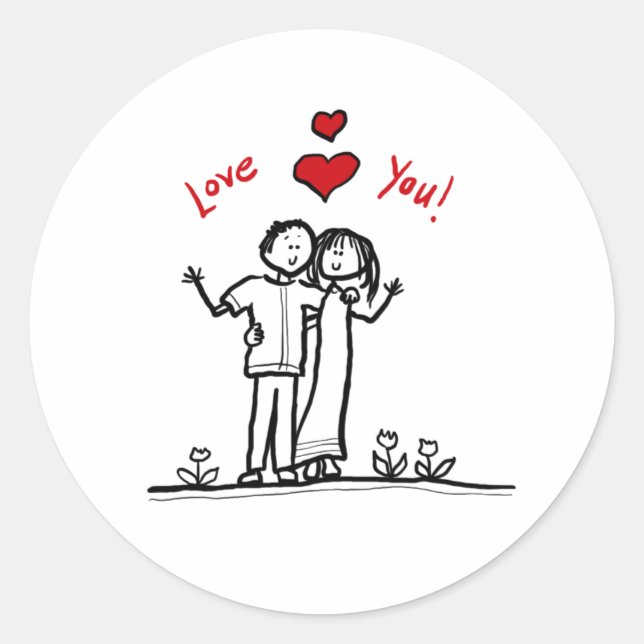 Sticker Rond Coeurs de couple mignons et salutations bonjour (Devant)