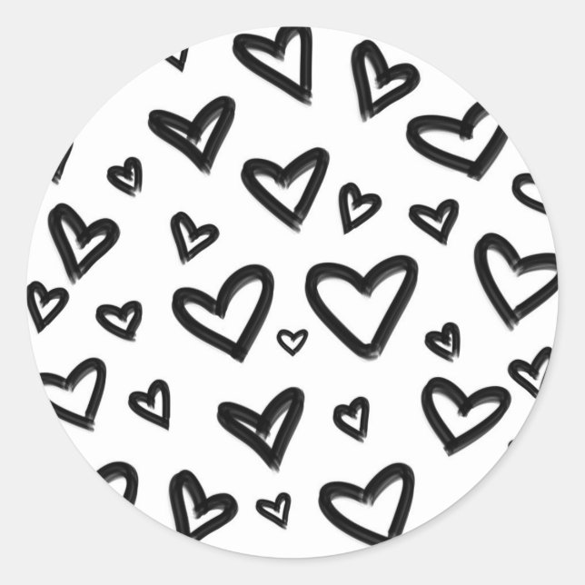 Sticker Rond Coeurs de Doodle peints à la main noir et blanc (Devant)