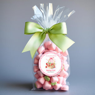 Sticker Rond Cœurs de fraises, nœud rose Première anniversaire