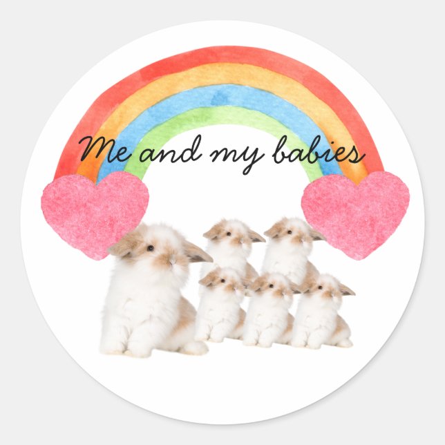 Sticker Rond Coeurs de lapin mignons et amoureux arc-en-ciel (Devant)