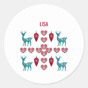 Sticker Rond Coeurs de Noël scandinaves Rennes Baubles rouges