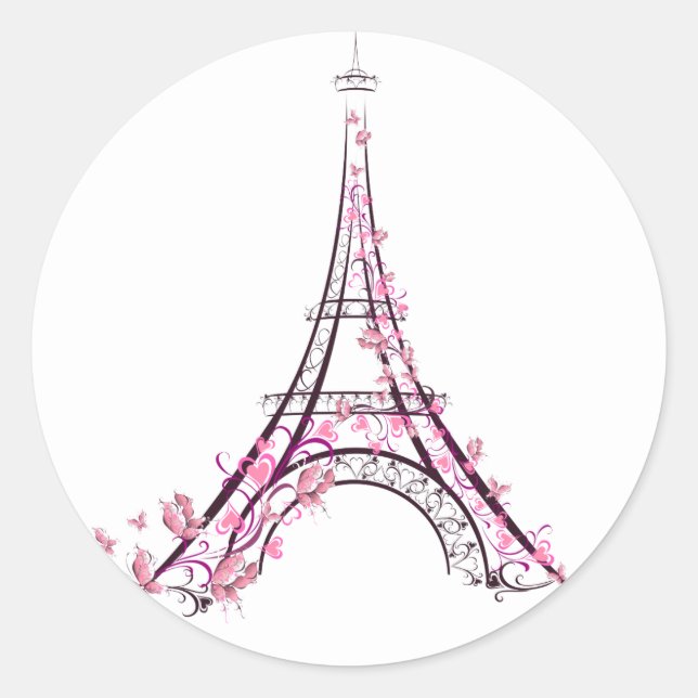 Sticker Rond Coeurs et papillons roses Paris Tour Eiffel (Devant)