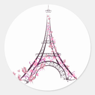 Sticker Rond Coeurs et papillons roses Paris Tour Eiffel