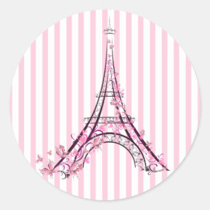 Sticker Rond Coeurs et papillons roses Paris Tour Eiffel