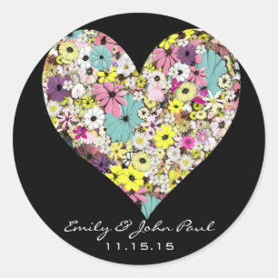 Sticker Rond Coeurs Fleurs sauvages Mariage Enregistrer le stic