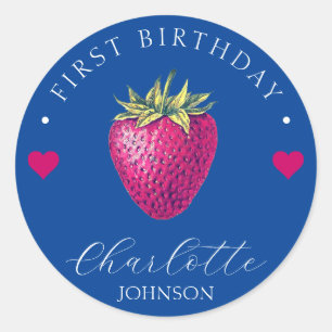 Sticker Rond Coeurs fraises Anniversaire Fille Bleu foncé
