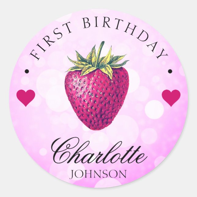 Sticker Rond Coeurs fraises Anniversaire Fille rose (Devant)