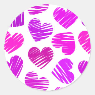 Sticker Rond Coeurs griffés violets et roses modernes Valentine