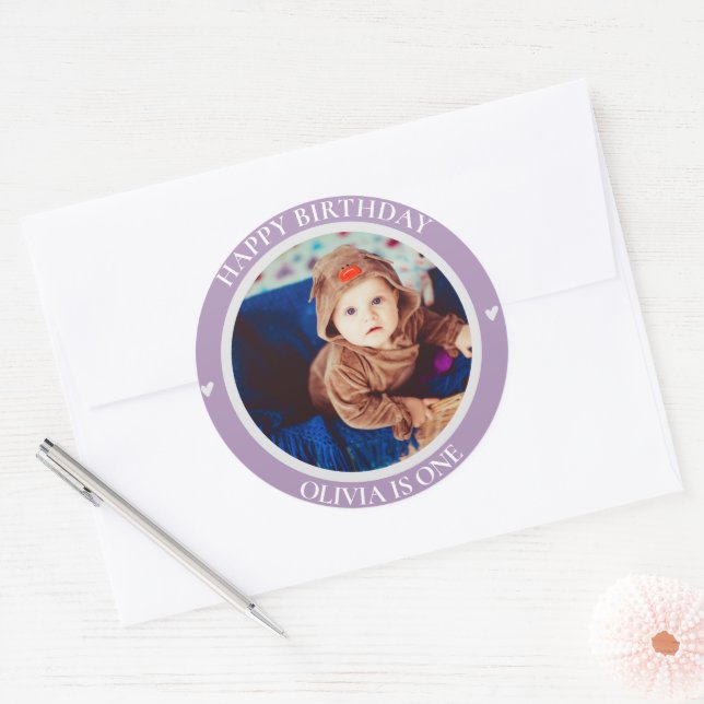 Sticker Rond Coeurs mignons pourpres Photo Enfants Premier Joye (Enveloppe)