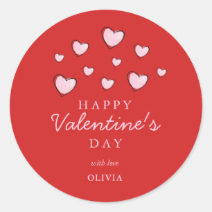 Sticker Rond Coeurs rose Heureuse Sainte-Valentin sur rouge