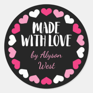 Sticker Rond Coeurs roses faits avec amour Nom personnalisé