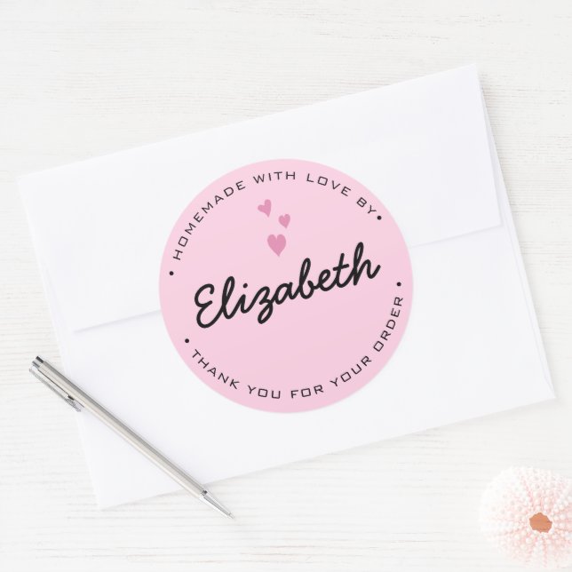 Sticker Rond Coeurs roses personnalisés Fait maison avec amour (Enveloppe)