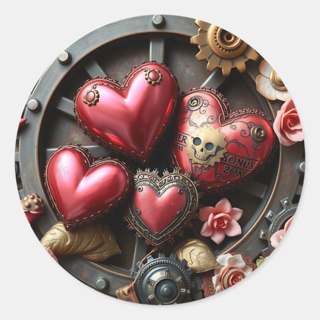Sticker Rond Coeurs rouges, crâne, Fleurs Steampunk (Devant)