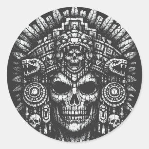 Sticker Rond Coiffe de crâne aztèque par BurnsInHell