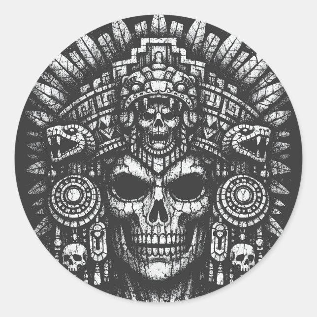 Sticker Rond Coiffe de crâne aztèque par BurnsInHell (Devant)