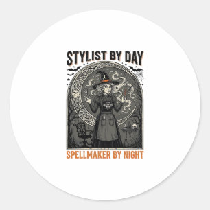 Sticker Rond Coiffeur Halloween Sorcière Salon Vintage Magie De