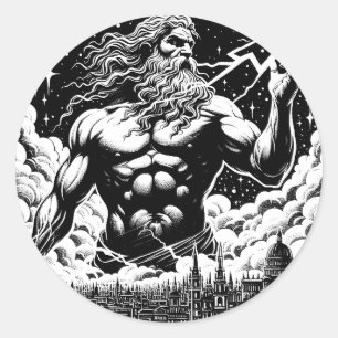 Sticker Rond Colère de Zeus encre illustration mythologie grecq