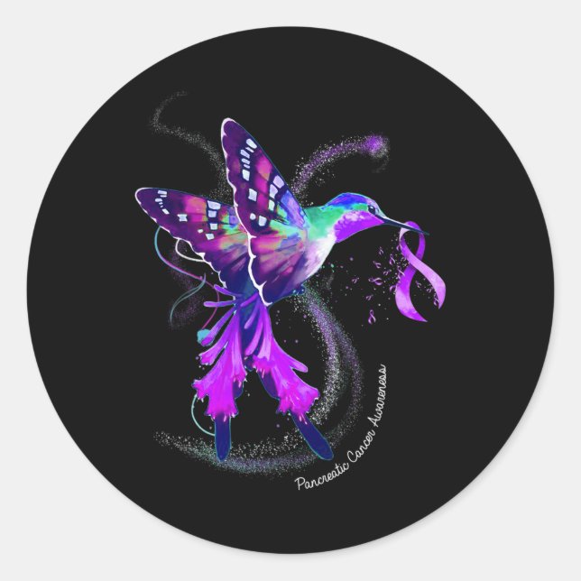 Sticker Rond Colibri de ruban pourpre Cancer pancréatique Lauré (Devant)