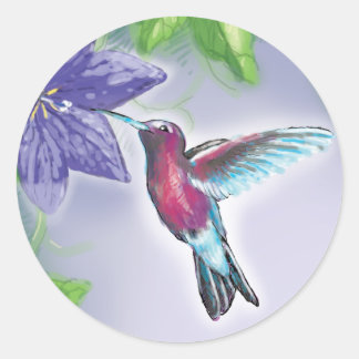 Sticker Rond colibri élégant coloré et fleurs violettes