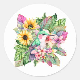 Sticker Rond Colibri et fleurs tropicales