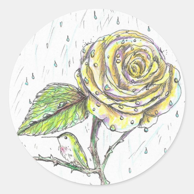 Sticker Rond Colibri et Rose dans le dessin de pluie (Devant)