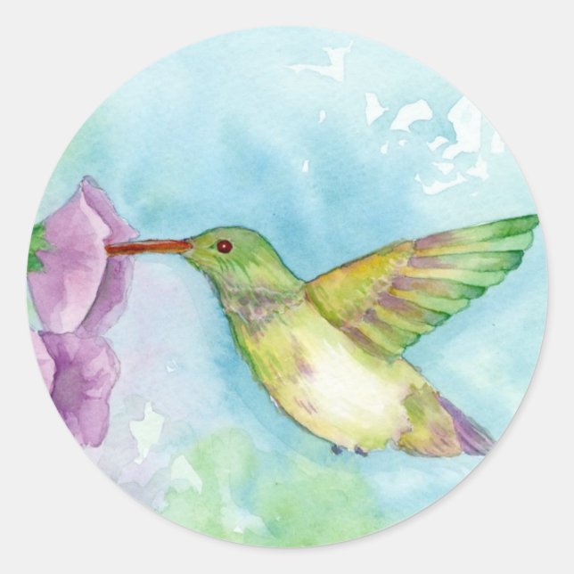 Sticker Rond Colibri rose Hollyhock Fleurs Bleu (Devant)