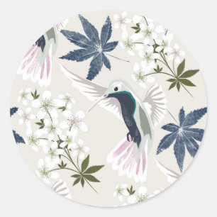 Sticker Rond Colibris et fleurs blanches.
