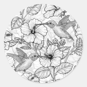 Sticker Rond Colibris et fleurs d'hibiscus b&w