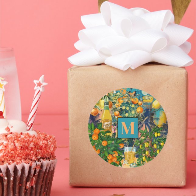 Sticker Rond collage d'agrumes siciliens bleu orange chic (Fête)