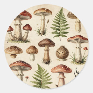 Sticker Rond Collage de fougère de champignon botanique vintage
