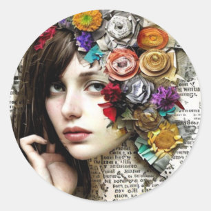 Sticker Rond Collage   Jolie fille avec des fleurs dans ses che